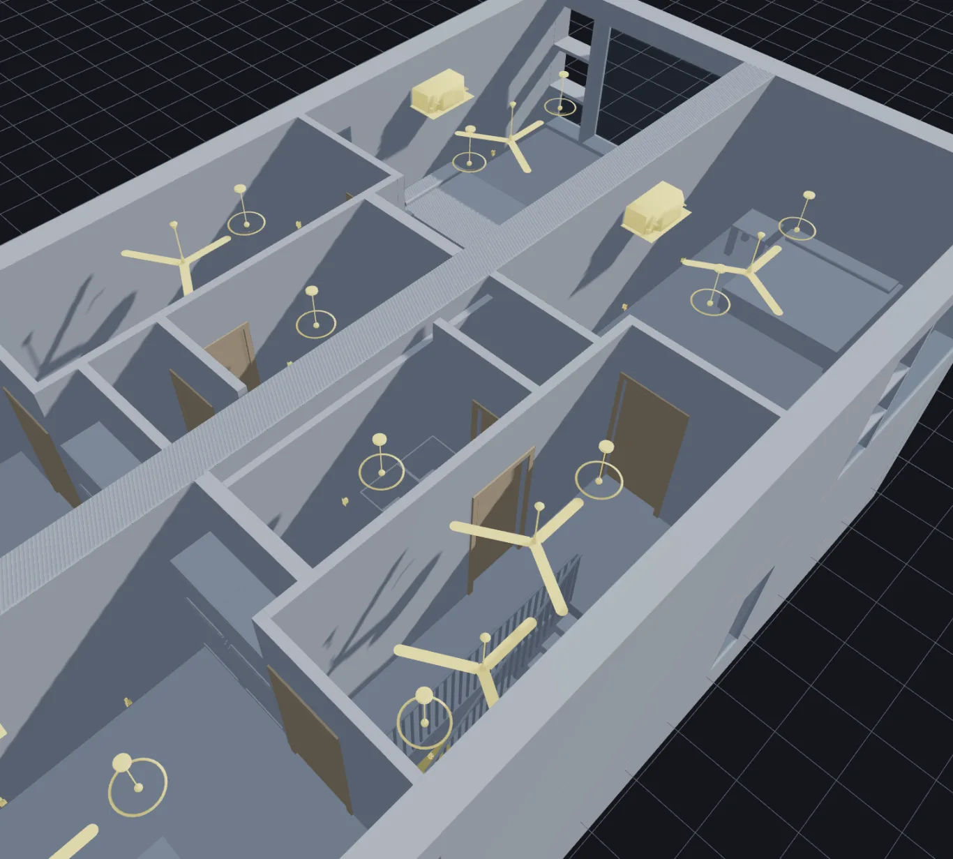 A duplex in 3D — rooms, doors, fans and light fittings